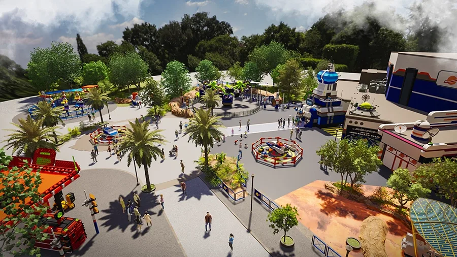 Imagem conceitual da nova área temática espacial da Legoland Florida que será inaugurada em 2026