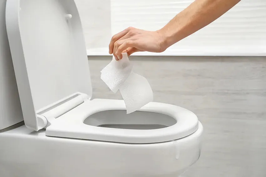 pessoa jogando papel higiênico no vaso sanitário