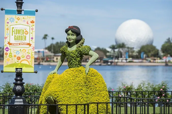 Branca de Neve em formato de flores em frente a icônica bola do EPCOT durante o festival de primavera da Disney