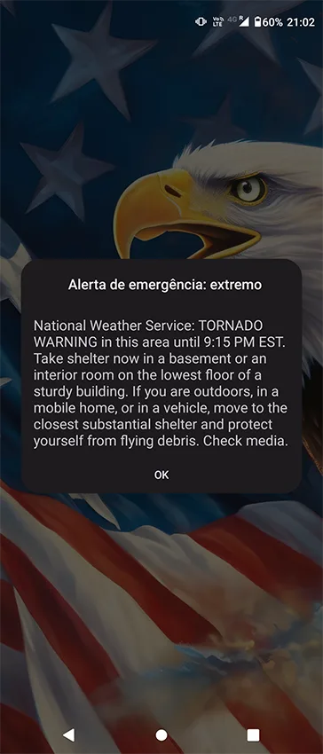 Mensagem de notificação no celular de um furacão na Flórida