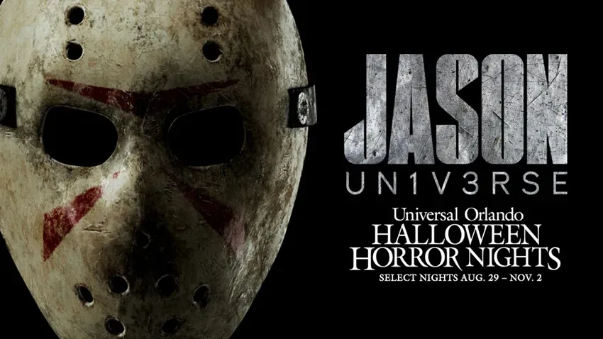 Máscara de Jason Voorhees promove a casa Jason Universe no Halloween Horror Nights 2025 da Universal Orlando