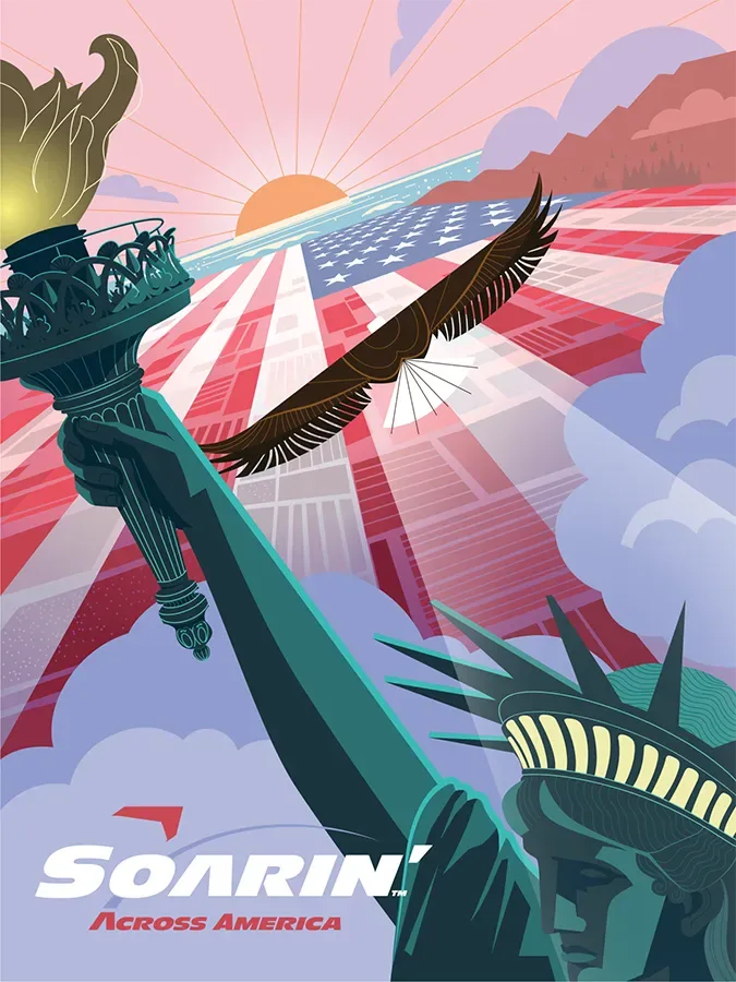 Cartaz da atração Soarin, da Disney, mostra o sobrevoo de uma água americana pela bandeira dos Estados Unidos e a Estátua da Liberdade