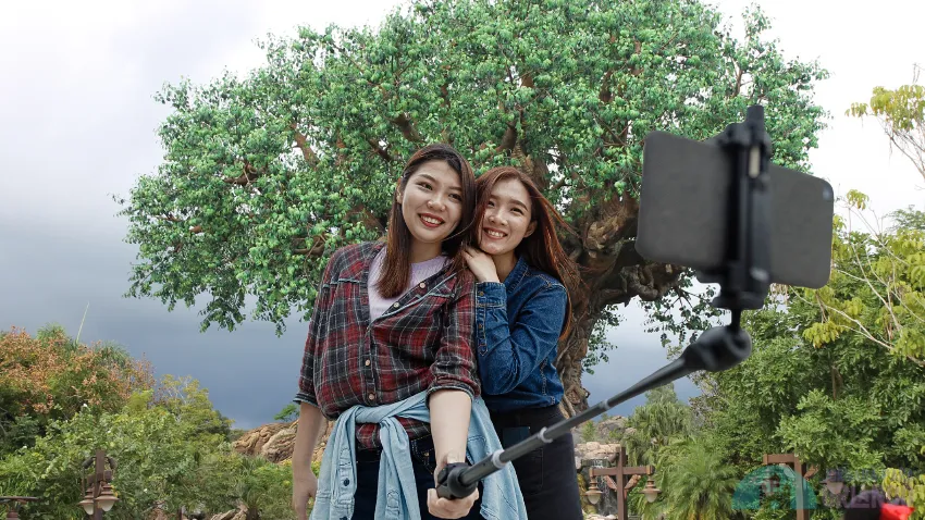 Duas amigas posam para foto com um bastão de selfie em frente à árvore do parque Animal Kingdom, da Disney em Orlando