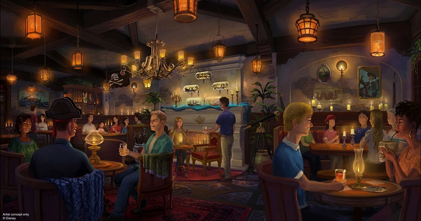 Arte conceitual do novo bar inspirado nos Piratas do Caribe na área da Adventureland, no Magic Kingdom