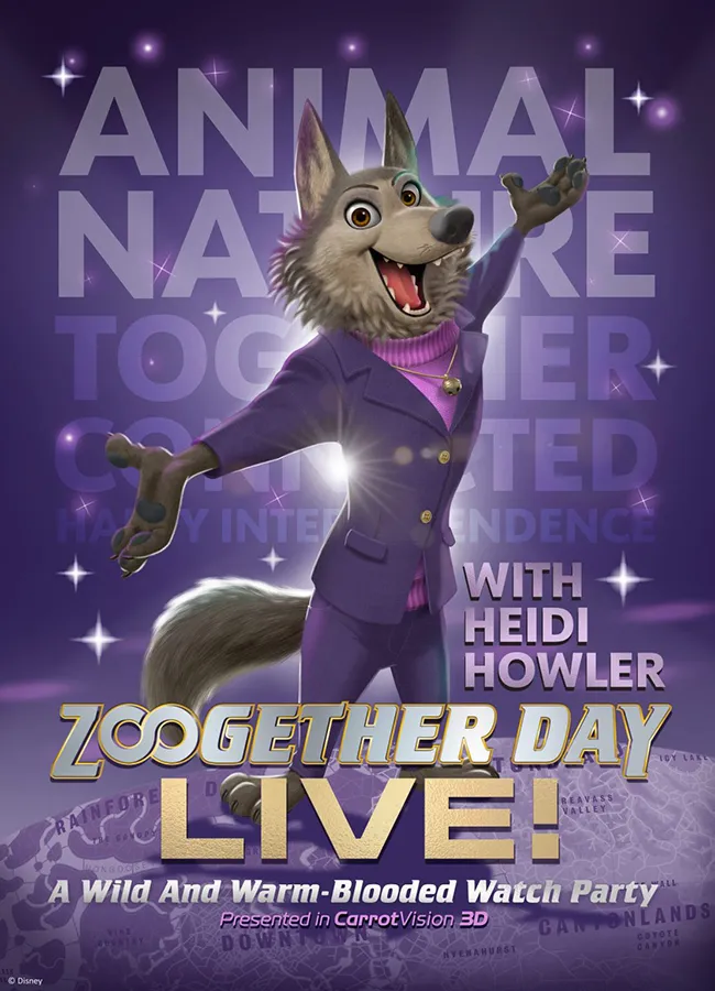 Cartaz oficial da atração Zootopia na Disney com o lobo Heidi