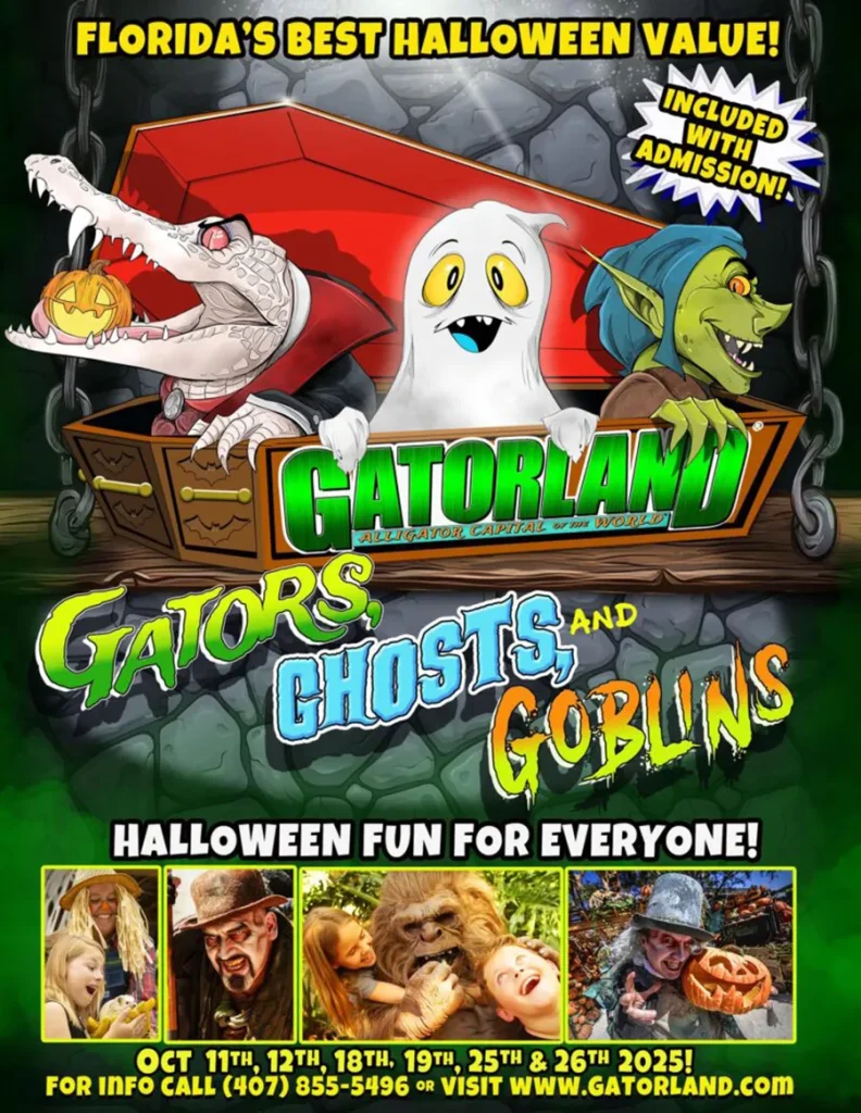 Cartaz da edição 2025 de Gators, Ghosts and Goblins, evento de Halloween da Gatorland de Orlando