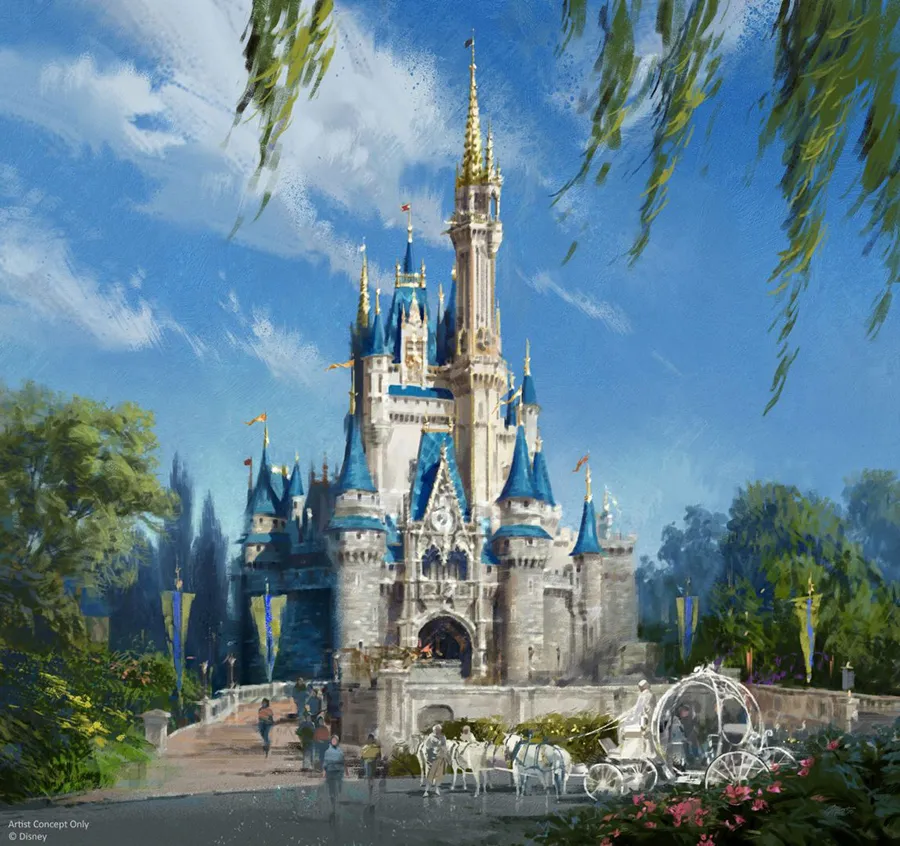 Arte conceitual com a alteração de cores do Castelo da Cinderella da Disney