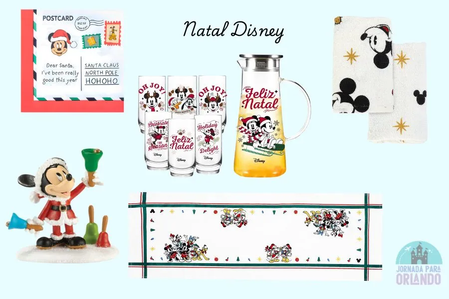 Toalhas, copos, guardanapos e estatuetas do Mickey com temas natalinos