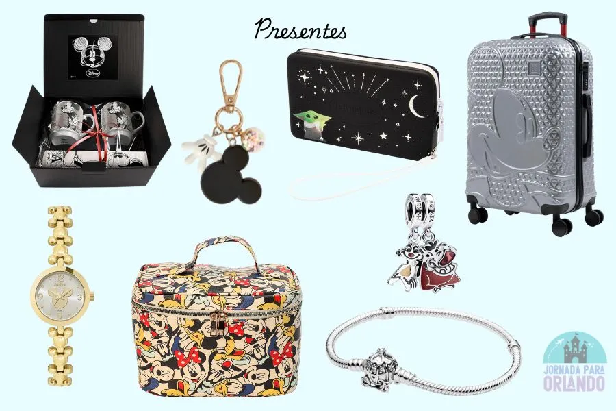 Artigos de presentes como relógios, frasqueiras e braceletes com personagens como Mickey, Baby Yoda e Cinderela