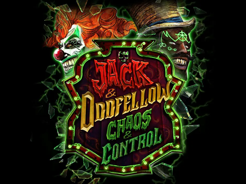 Cartaz do filme Jack & Oddfellow: Caos & Controle, tema de uma das casas do Halloween Horror Nights 2026 da Universal Studios Florida